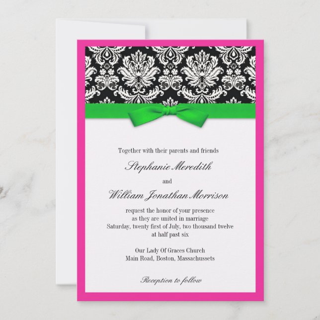 Damask Com Convite Para Casamento Verde E Rosa (Frente)