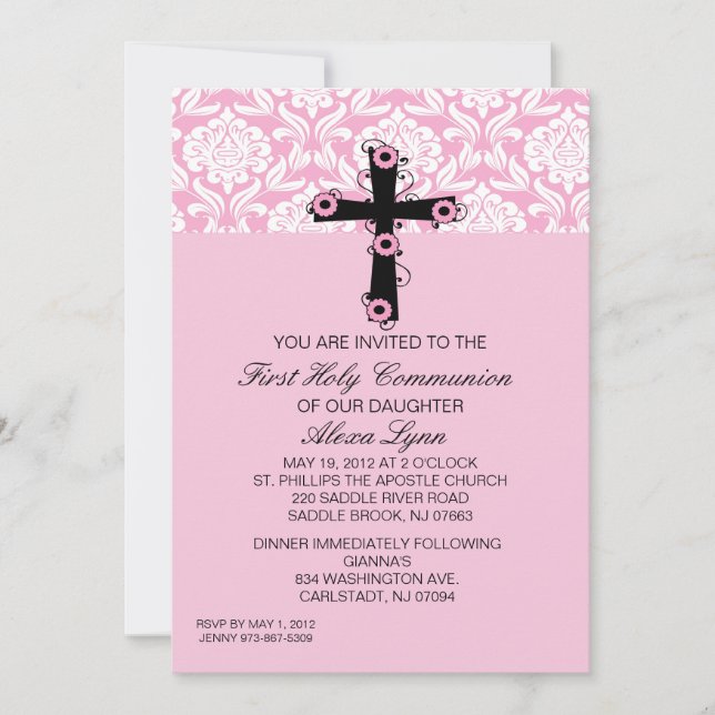 Damask Cross Rosa com Convite Comunitário de Flor (Frente)