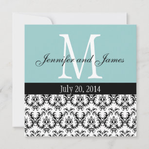 Damask Monograma Casamento Convite Azul