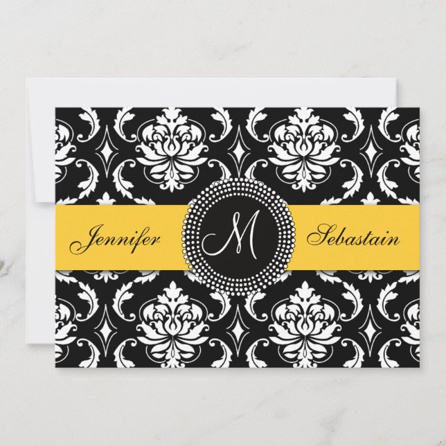 Damask Monograma Casamento Convites Amarelo (Frente)