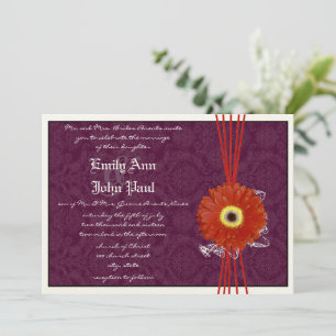 Damask Orange Purple Gerber Daisy Convite de casam