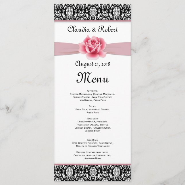 Damask preto branco, rosa rosa rosa, Menu Casament (Frente)