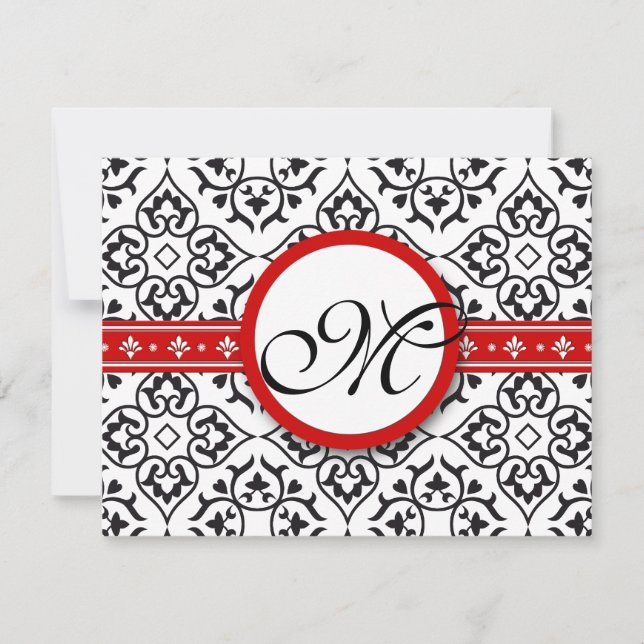 Damask Side Borders Red Trim Weding RSVP (Frente)
