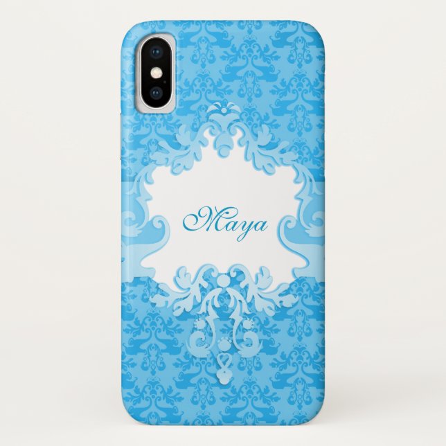 Damask sky Blue Name capas de iphone (Verso)