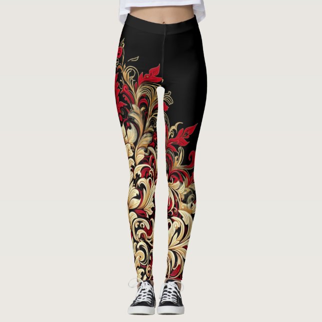 Damask Style Red and Black Leggings (Frente)