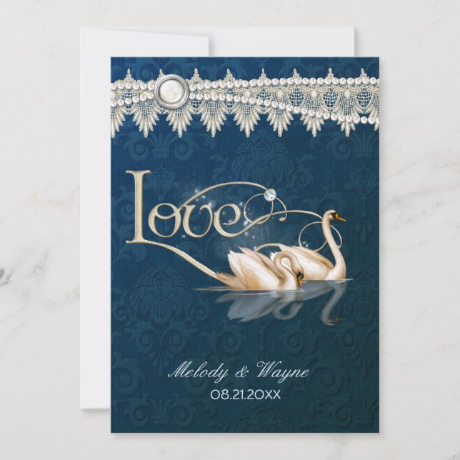 Damask Swan Elegance Blue - Convite para casamento (Frente)