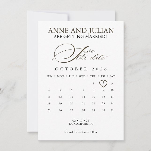 Dark Brown Save the date card calendar & photo (Frente)