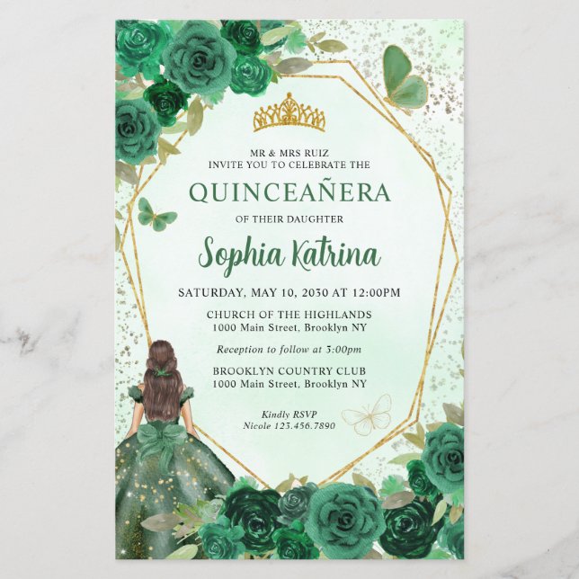 Dark Green Floral Dourada Princesa Quinceañera (Frente)