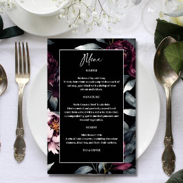 Dark moody Burgundy Flores elegantes menu de casam