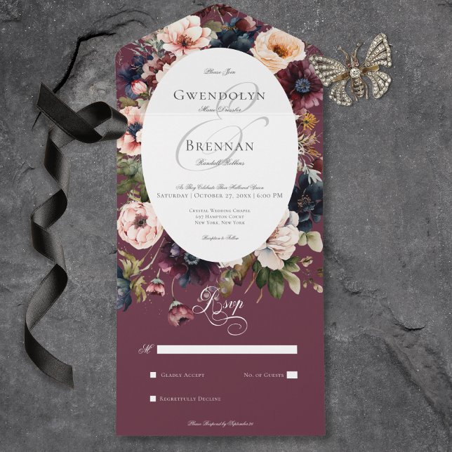 Dark Moody Burgundy Frame Floral Sem Janto (Dark Moody Burgundy Oval Floral Frame No Dinner All In One Invitation)