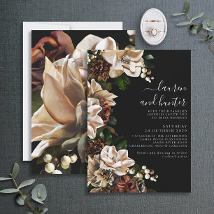 Dark Moody Magnolia Script Floral Wedding Convite