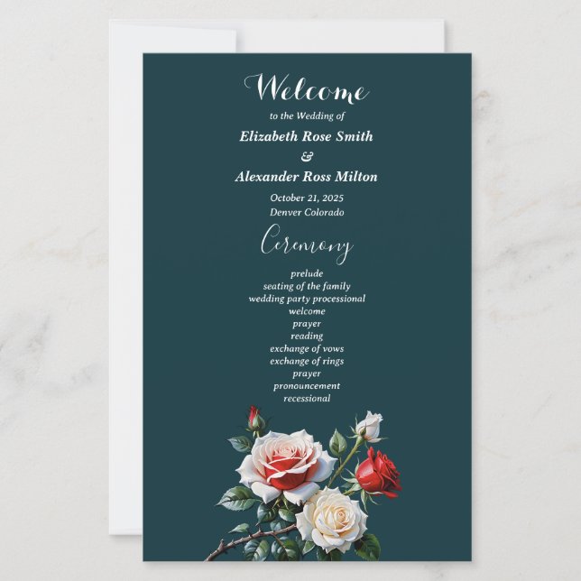 Dark Pretty pink white red roses wedding program (Frente)