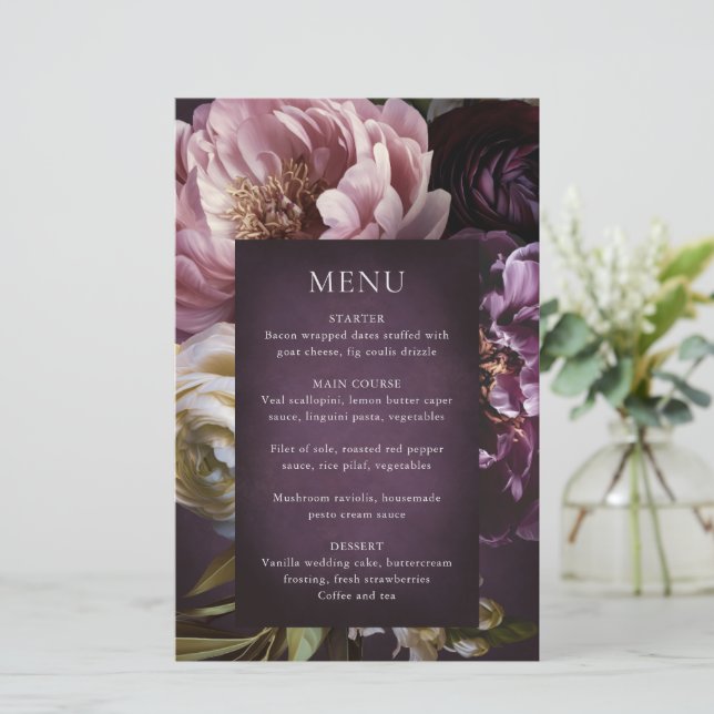 Dark Purple Fine Art Floral Wedding Menu (Em pé/Frente)