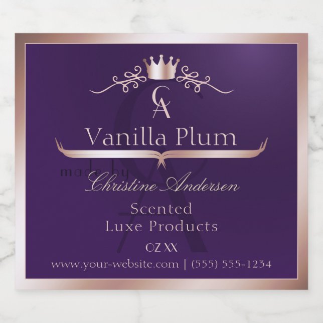 Dark Purple Product Label Rose Gold Frame Monogram (Rótulo Único)