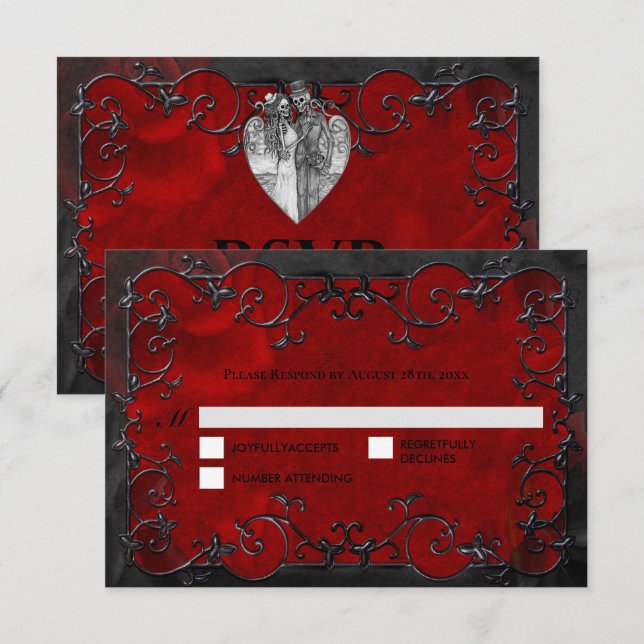 Dark red Gothic Halloween Wedding RSVP Card (Frente/Verso)