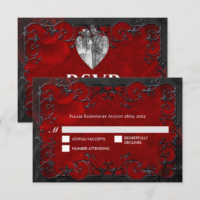 Dark red Gothic Halloween Wedding RSVP Card (Frente/Verso)