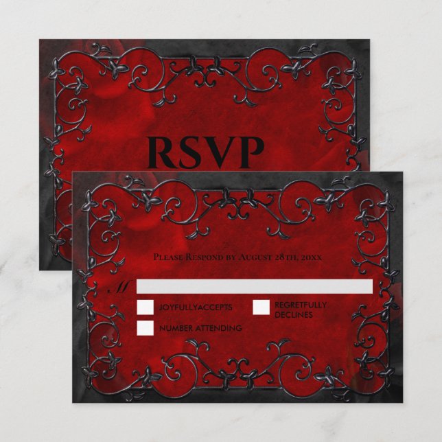 Dark red Gothic Halloween Wedding RSVP Card (Frente/Verso)