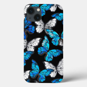 Dark Seamless Pattern with Blue Butterflies Morpho
