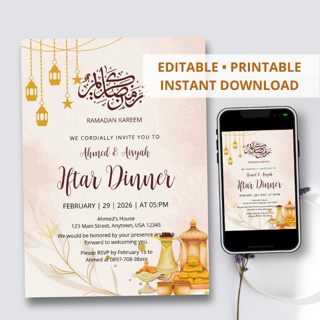 Datas de Convite de Jantar Iftar com Aquarela Eleg (Criador carregado)