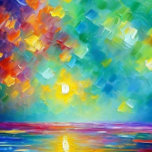 Dawn no mar Poster<br><div class="desc">Esta bela poster mostra um atordoante amanhecer sobre o oceano, com fortes pinceladas que criam um sentido de movimento e instabilidade. As cores são brilhantes e vibrantes, fazer a cena ganha vida com energia e beleza. Os vermelhos vivos, verdes, amarelos e púrpuras da aurora estão contrastados com o azul profundo...</div>
