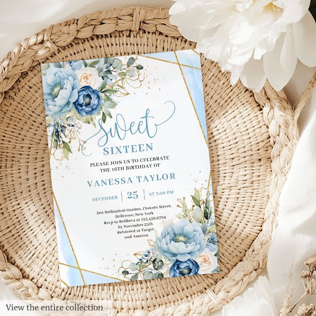 Dazzling Dusty Blue Floral Sweet 16 Convites (Dazzling Dusty Blue White Floral Sweet 16 Invitation)