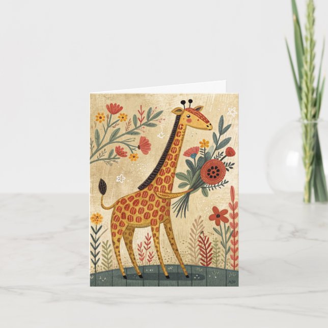 De Agradecimento Feliz aniversário da girafa com flores e cartão (Frente)