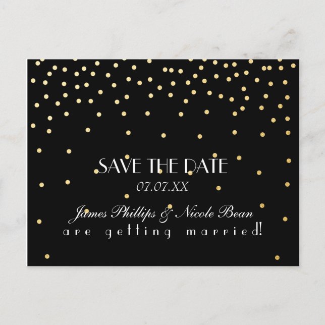 De Anúncio Cartão Postal Black & Gold Foil Dots Save The Date (Frente)