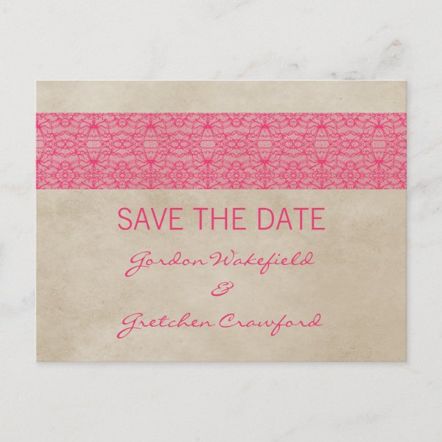 De Anúncio Cartão postal Save the Date Pink Rustic Lace (Frente)
