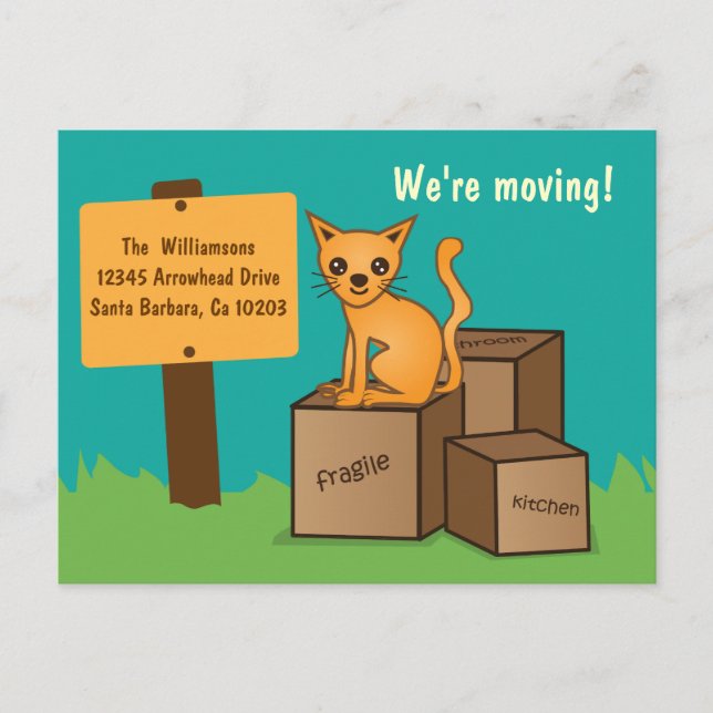 De Anúncio Gato com Caixas - Estamos Mudando Cartão Postal (Frente)