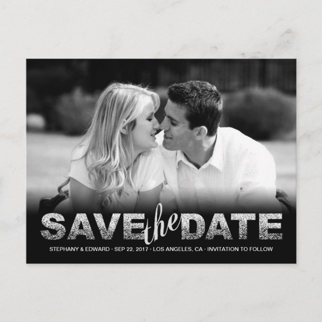 De Anúncio Prata Falsa com Brilho Save the Date Cartão Postal (Frente)
