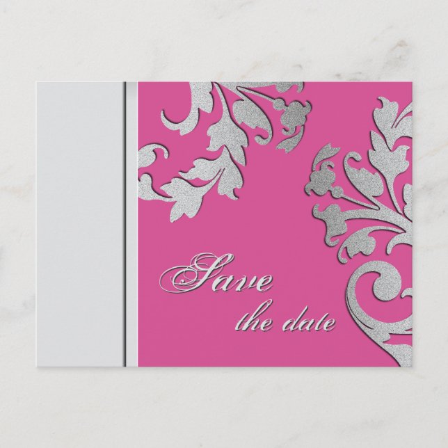 De Anúncio Salve a data: cartão postal Fuchsia Pink Silver (Frente)