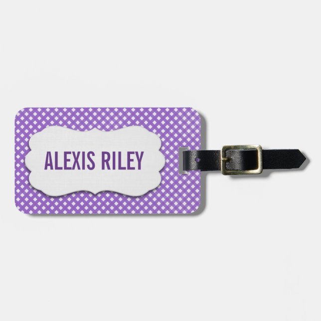 De Bagagem xadrez roxo com etiqueta biselada (Frente Horizontal)