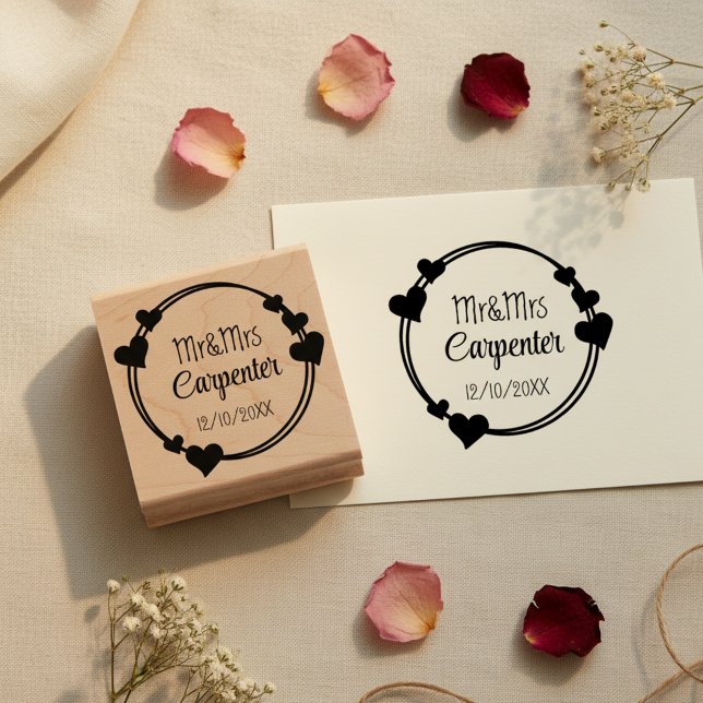 De Borracha Senhores Nomes e Data do Casamento Carimbo Românti (Romantic wedding stamp with hearts. 💕)