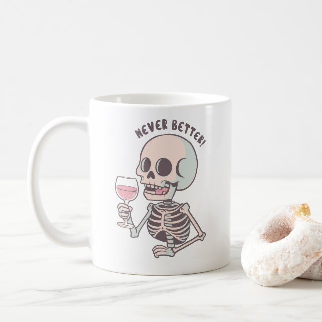De Café A Caneca "NUNCA MELHOR" Esqueleto Sarcástico (Com Donut)