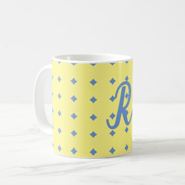 De Café amarelo e azul, padrão bonito, caneca monográfica (Frente Esquerda)