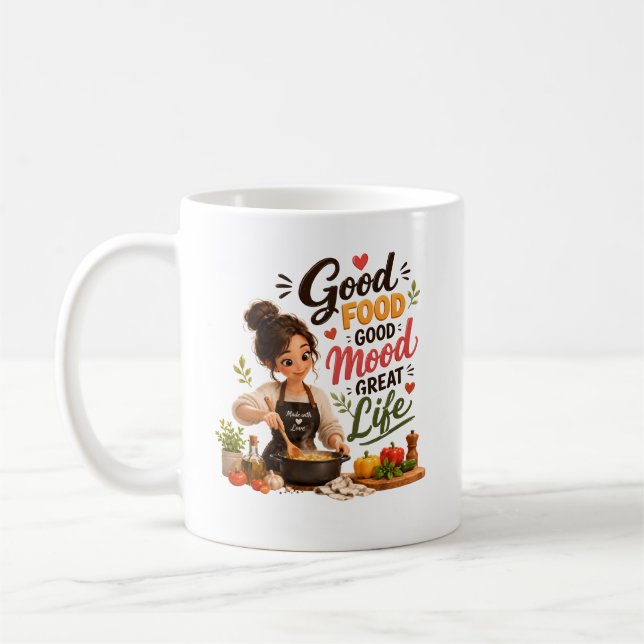 De Café Boa Comida, Bom Humor, Vida Ótima | Caneca 3D Fofa (Esquerda)