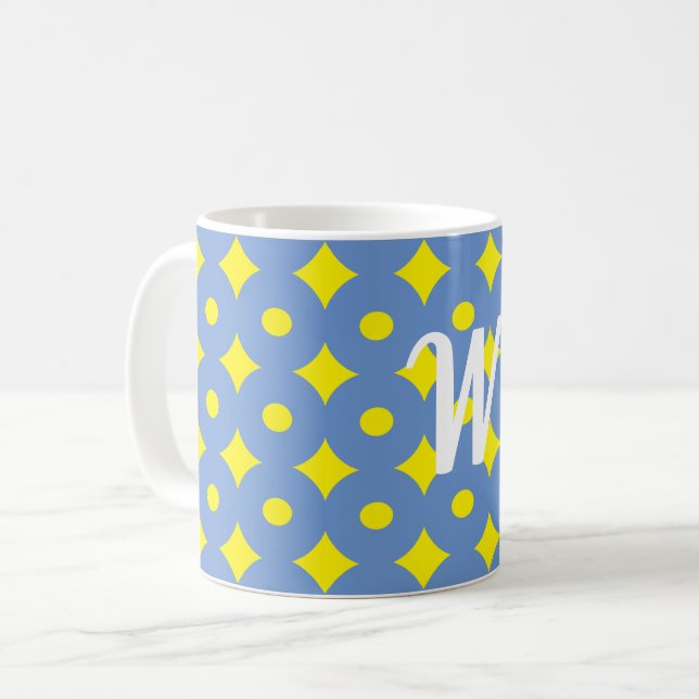De Café bonito padrão azul e amarelo, caneca monográfica (Frente Esquerda)
