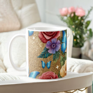 De Café Borboleta Elegante e caneca Dourada Floral