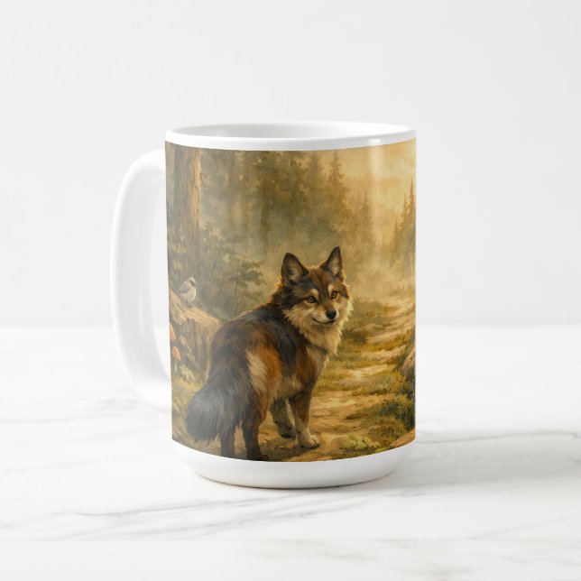 De Café Caminho da Floresta Pintura com Lobo | Caneca Clás (Frente Esquerda)