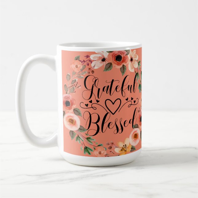 De Café Caneca Agradecida Abençoada - Grinalda Floral Aqua (Esquerda)