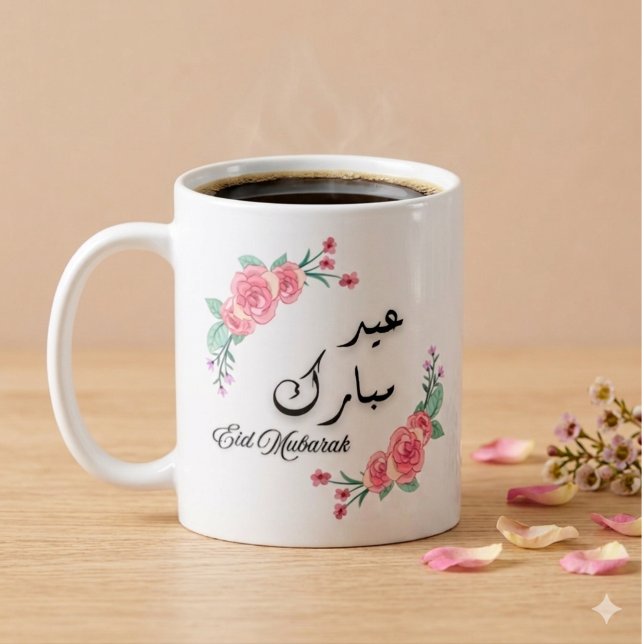De Café Caneca Árabe e Inglês Floral Moderno Eid Mubarak (White ceramic mug with a floral frame and the message "Eid Mubarak" in English and Arabic)