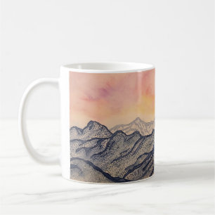De Café Caneca azul do nascer do sol da montanha
