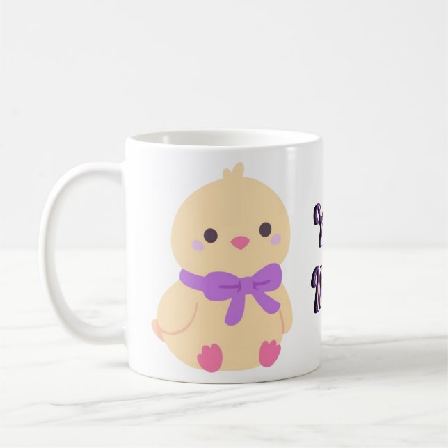 De Café Caneca Bebê Frango Sentado Kawaii com Laço Roxo (Esquerda)