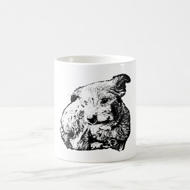 De Café Caneca Cachorro Misturado Deitado Preto E Branco (Centro)