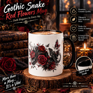 De Café Caneca Cobra Gótica e Flores Vermelhas – Botânica