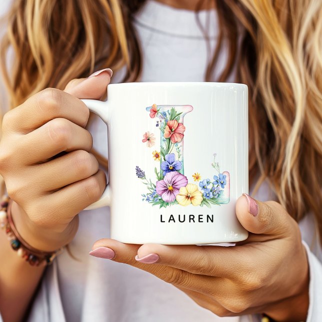 De Café Caneca com Alfabeto Floral Personalizado para Noiv (Custom Monogram Name Mug for Mom or Bridesmaids, Custom Floral Alphabet Mug for Teacher or Nurse)