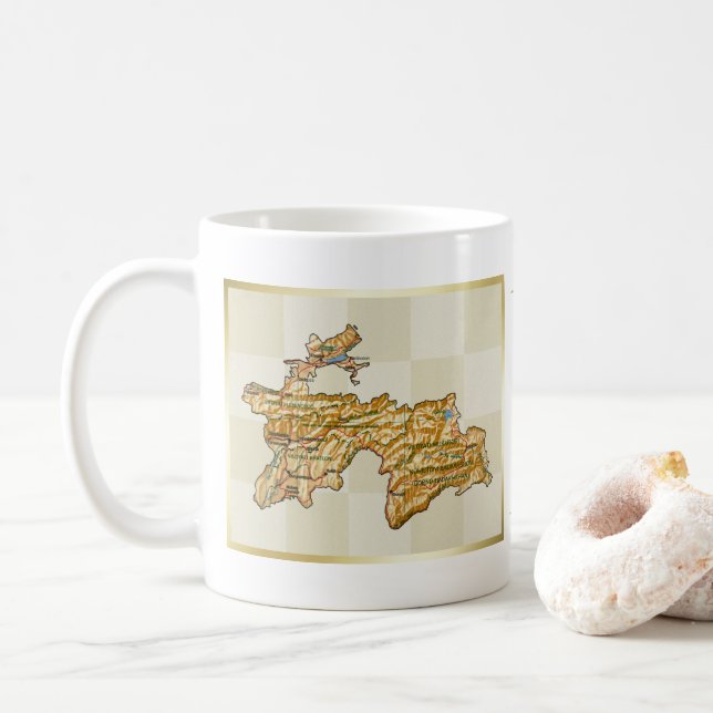 De Café Caneca com Bandeira e Mapa do Tajiquistão (Com Donut)