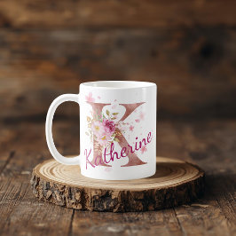 De Café Caneca com Floral Personalizada Inicial – Letra K