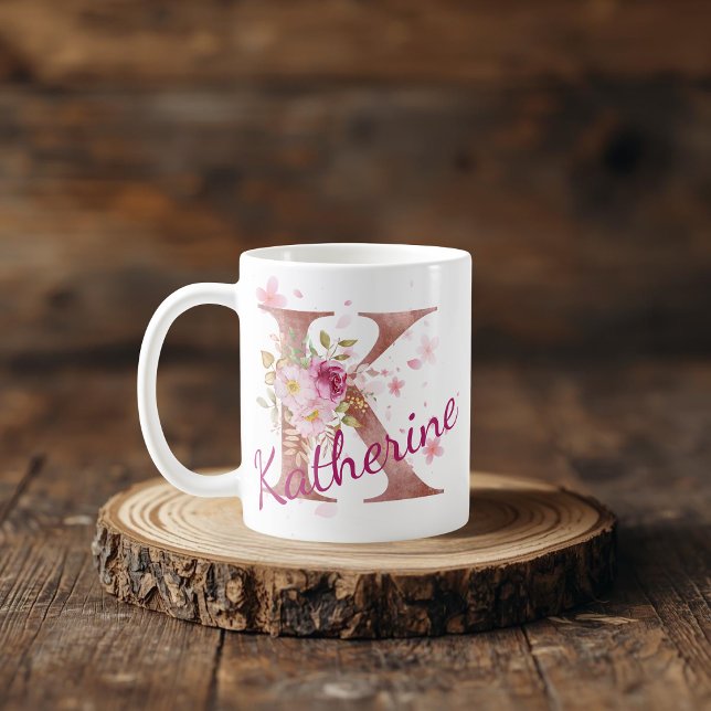 De Café Caneca com Floral Personalizada Inicial – Letra K (Criador carregado)