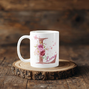 De Café Caneca com Floral Personalizada Inicial – Letra L